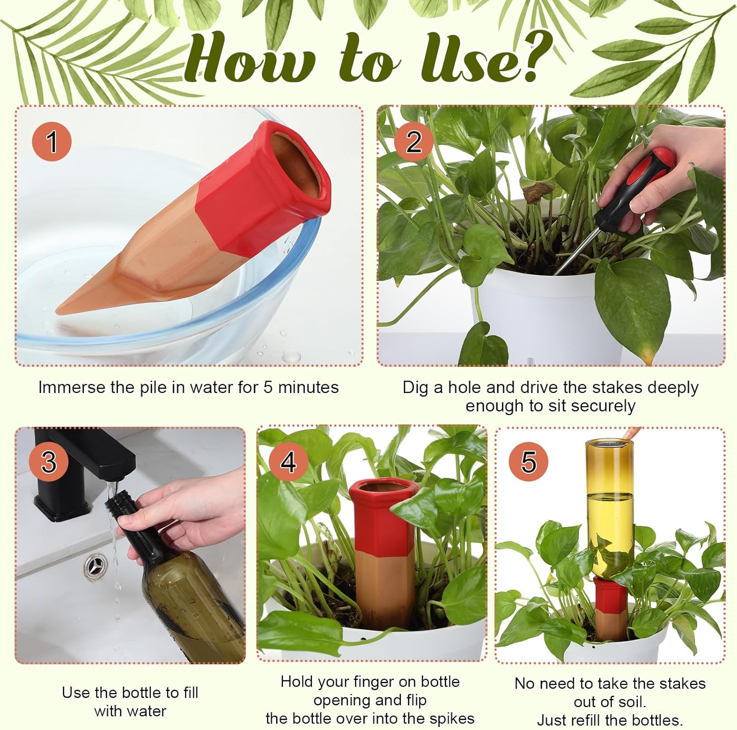 12 Set Plant Watering Devices Include Terracotta Self Watering Spikes and 26 oz Plastic Bottles, Slow Release Vacation Insert Automatic Plant Waterer Device (Green and Mixed Color)