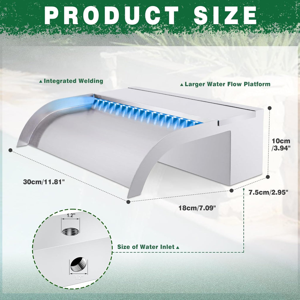 LONGRUN Pool Fountain Stainless Steel Outdoor Pond Spillway Waterfall with Wider Water Flow Platform Multi-Color LED Light Spray Indoor Waterfall Fountains for Garden-11.8"