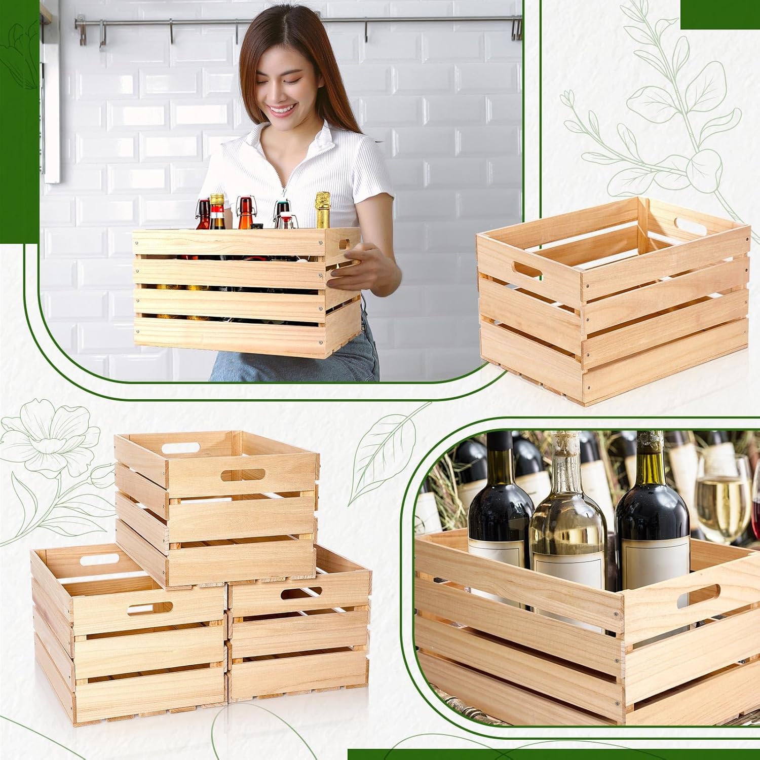 Weysat 3 Pack Large Wood Crates Box for Storage Unassembled 16 x 12 x 9.5'' Wooden Milk Crates with Handles Decorative Nesting Box for Display Unfinished Rustic Decor DIY Office Home Retail Art Craft