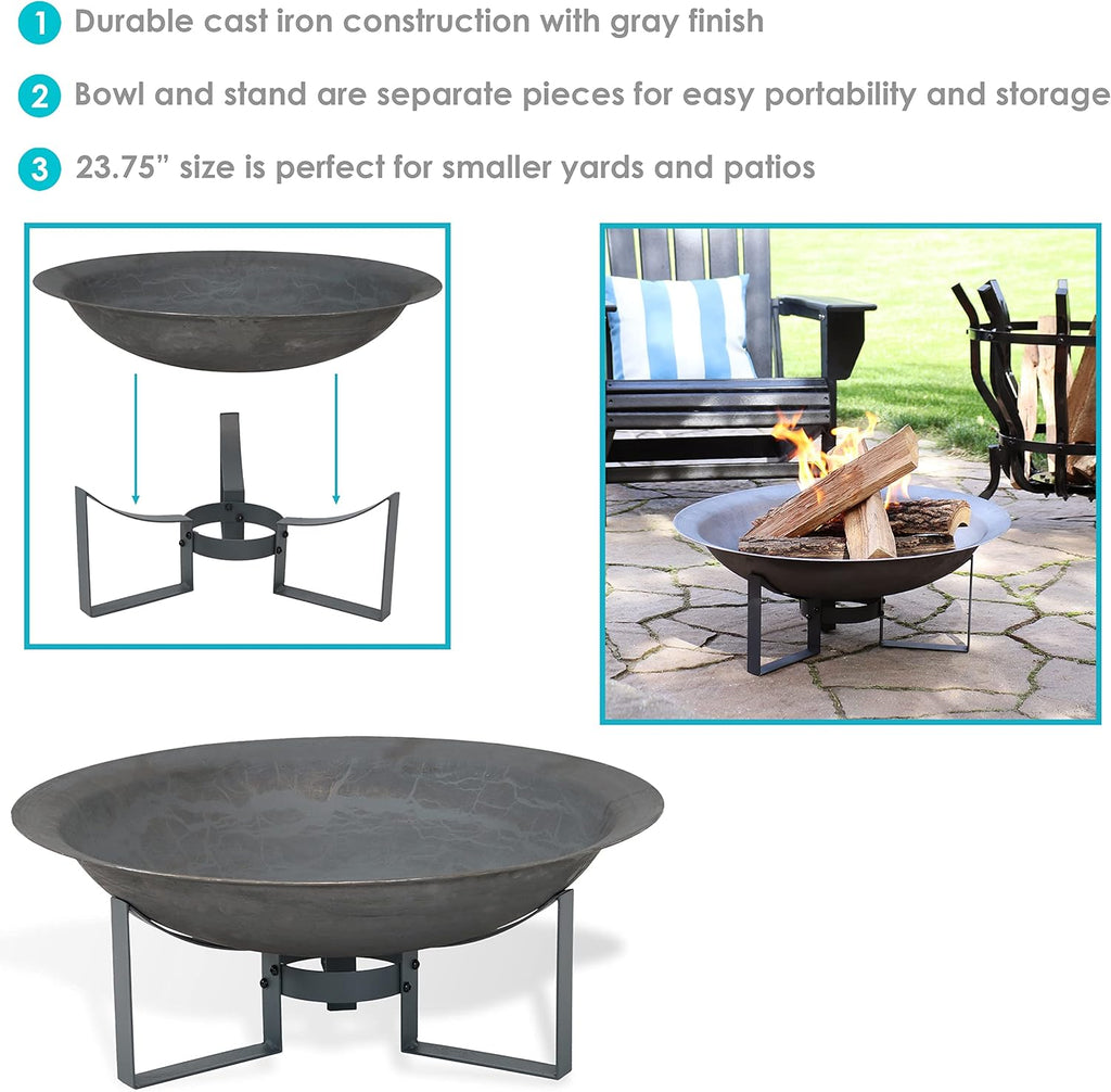 Sunnydaze 24-Inch Cast Iron Modern Fire Pit Bowl with Stand - Lightweight and Portable Design