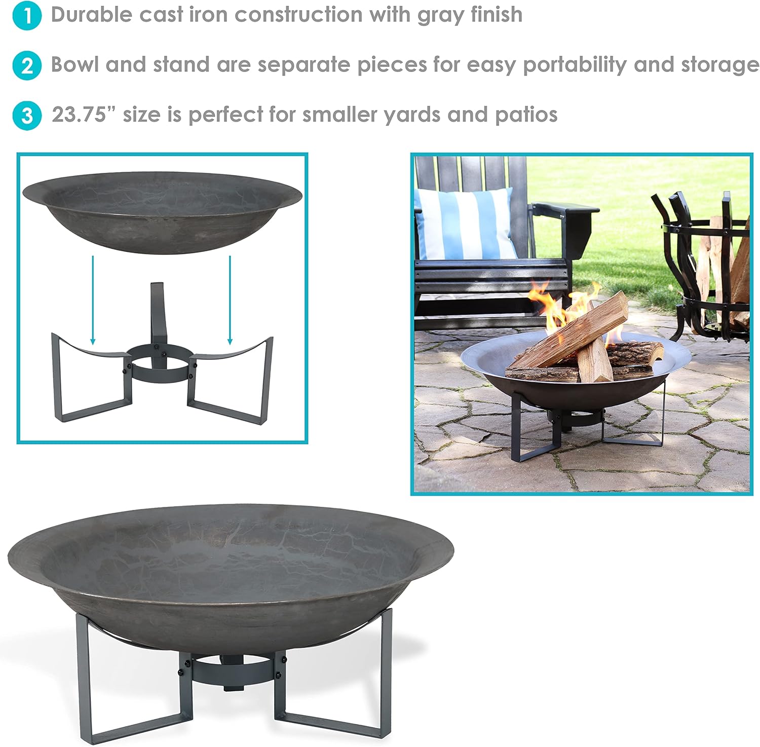 Sunnydaze 24-Inch Cast Iron Modern Fire Pit Bowl with Stand - Lightweight and Portable Design