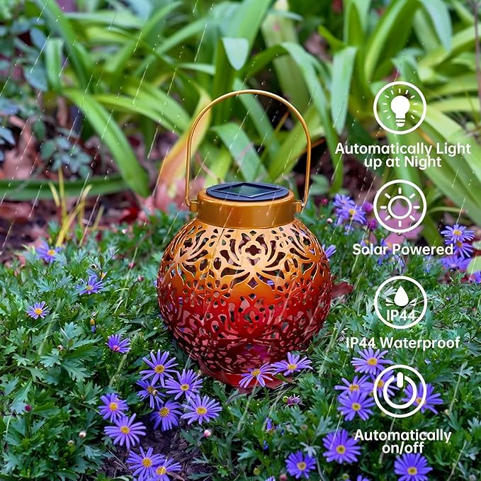 2 Pack Outdoor Solar Hanging Lantern Lights Metal LED Decorative Lamp for Garden Patio Courtyard Lawn and Table with Hollowed-Out Design (Sunset Blaze)