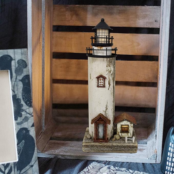 Wooden Lighthouse Decor with Light, Decorative Nautical Lighthouse Rustic Ocean Sea Beach Themed Lighthouse Decoration, Handcrafted Tabletop Nautical Themed Home Decor Bathroom Decor