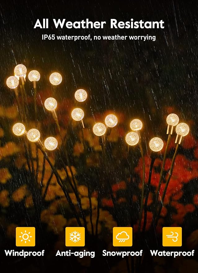 Solar Garden Lights - 4 Pack 12 LED Crystal Solar Firefly Lights with 2 Lighting Mode, Sway by Wind, Waterproof Solar Decorative Lights, Solar Outdoor Lights for Yard Walkway Decoration, Warm White