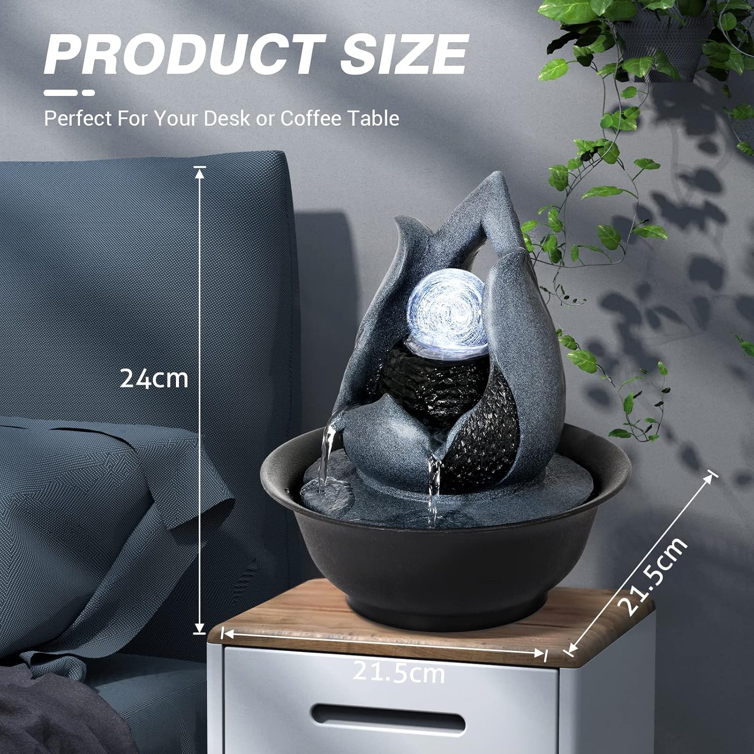 WICHEMI Indoor Water Fountain Tabletop Fountains with LED Rolling Ball, Feng Shui Zen Meditation Desktop Waterfall Fountains Calming Water Sound Relaxation Fountain for Home Bedroom Office (Style 12)