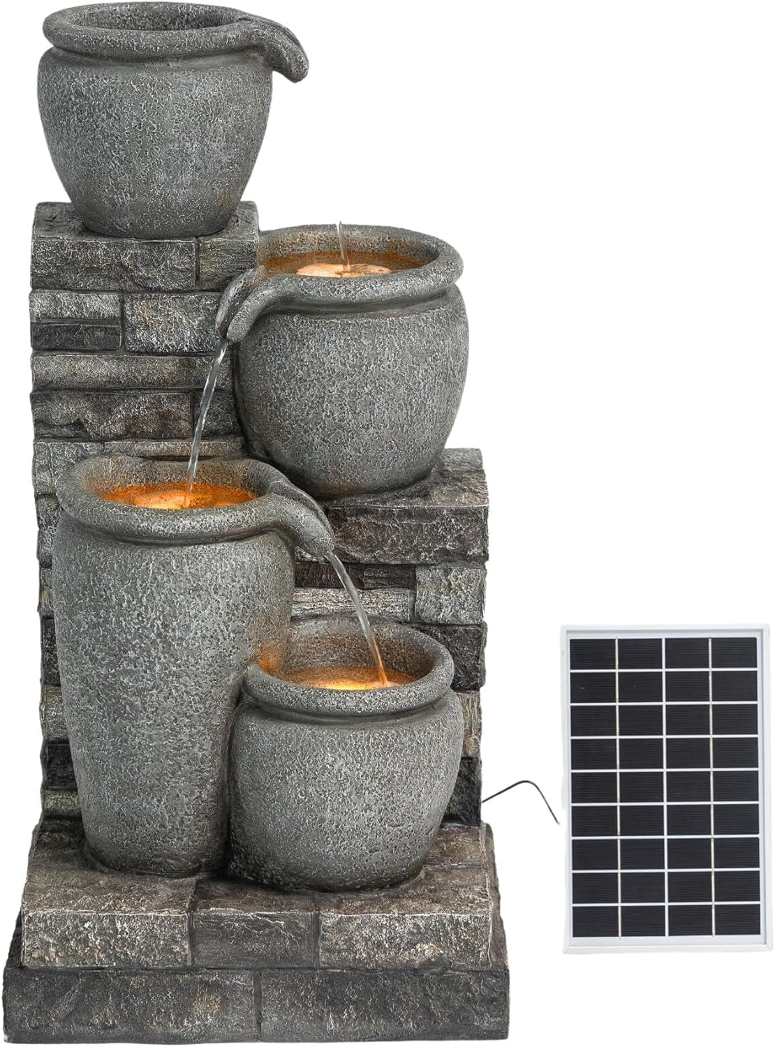 Teamson Home 30.7" 4-Tier Cascading Bowl Solar Powered Water Fountain for Outdoor Living Spaces, Gray