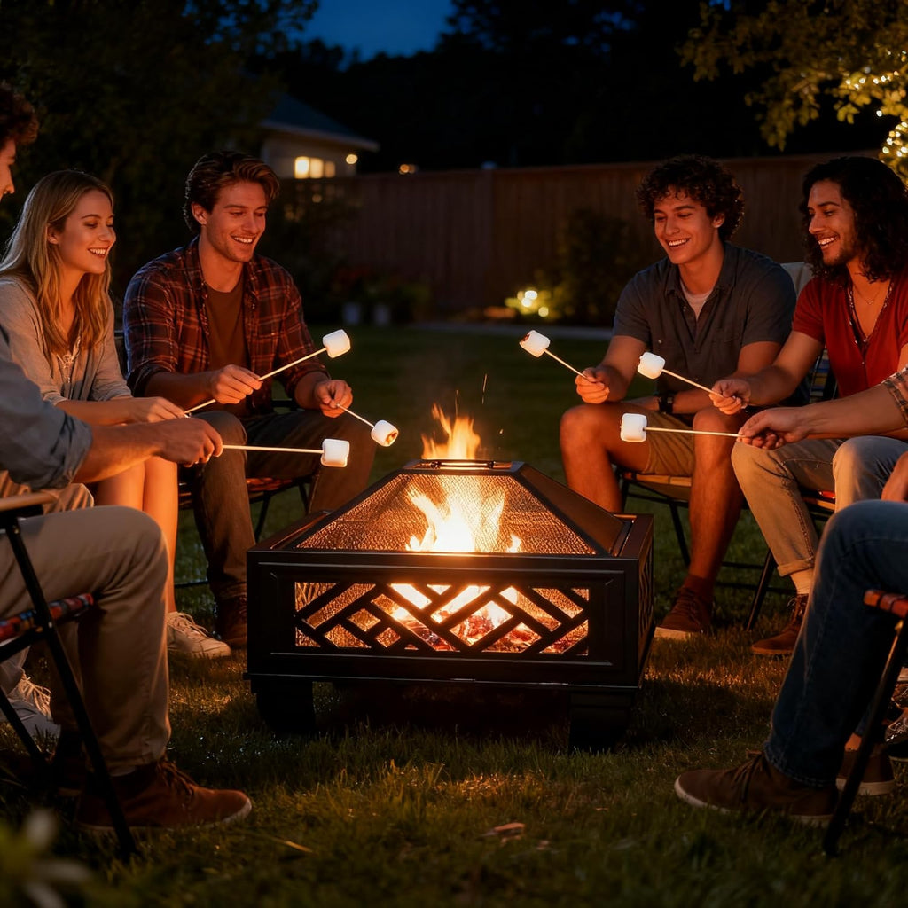 Breezz Update Version 26 Inch Wood Burning Fire Pit with Cooking Grill and Spark Screen, Outdoor Metal Firepit for Patio, Backyard, Bonfire Party, Camping and Garden