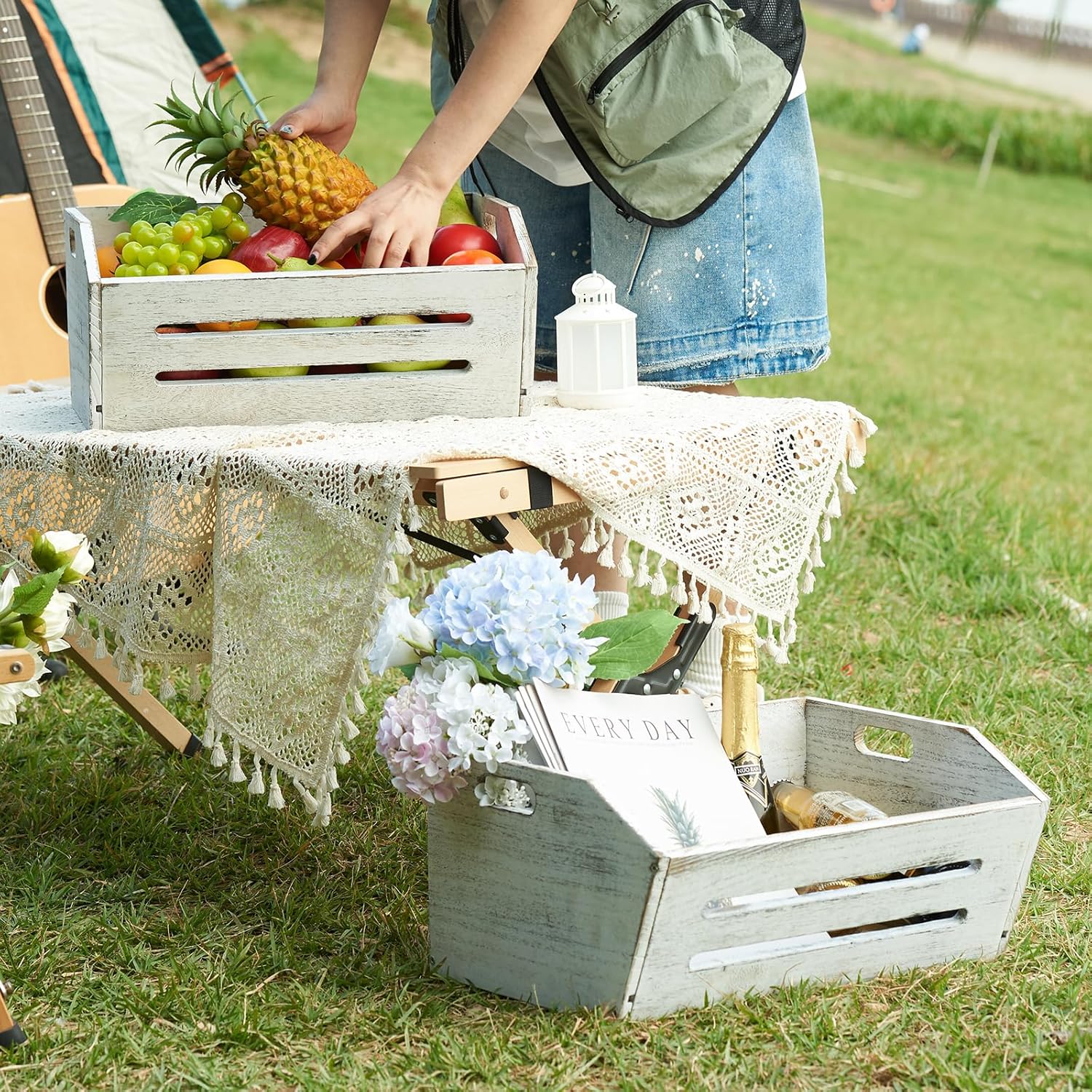 ELONG HOME Wooden Crate, 2 Pack Fast Assemble Wooden Crate for Storage, Decorative Farmhouse Wooden Crate Basket, Vintage Wood Crates Display for Fruits and Vegetables