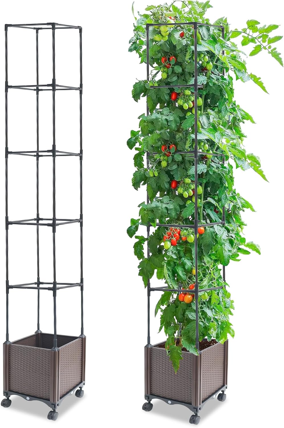 Raised Garden Bed Planter Box with Trellis, 74" Self-Watering Tomato Planters for Climbing Plants Vine Flowers Outdoor Patio, Tomatoes Cage with Wheels, 1Pack