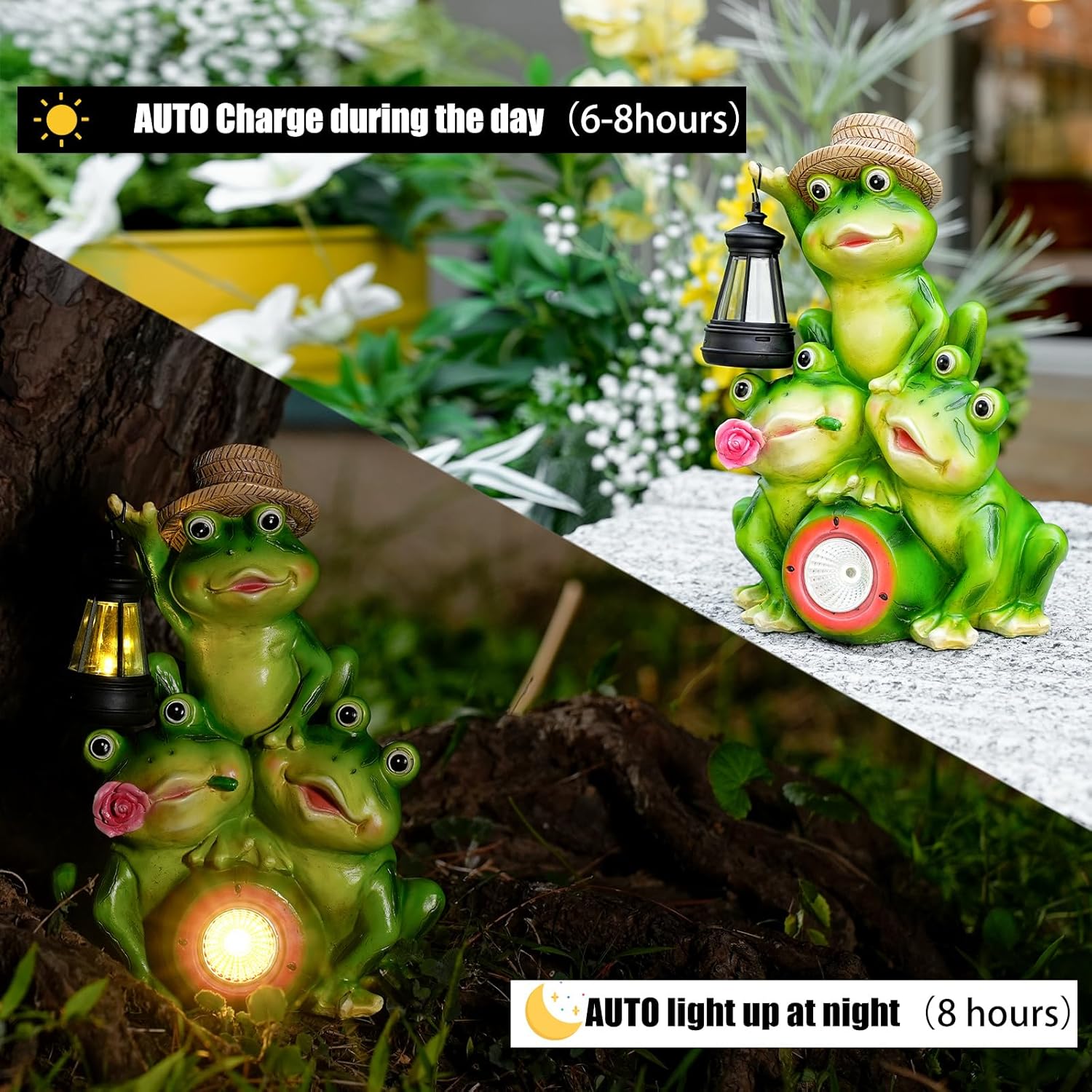 Solar Frog Family Garden Statue Three Frog Figurines with Lantern & LED Light – Cute Solar Yard Decor for Lawn, Patio & Outdoor Pathway – Resin Waterproof Garden Ornament (Family Frogs)