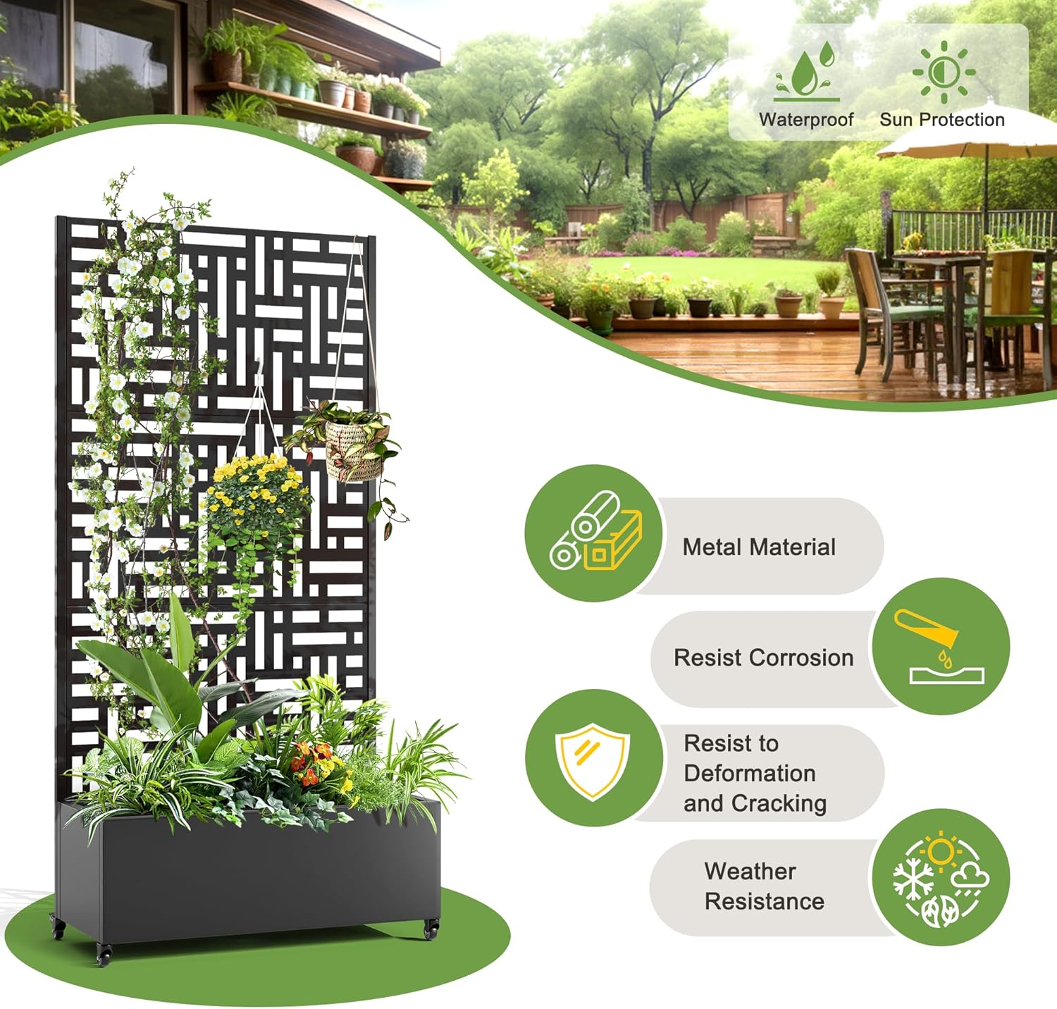 FENCY Metal Raised Garden Bed with Wheels and Trellis,73"x35"x16" Planter Box for Climbing Plants, Vegetables & Vines, Features Privacy Screen and Drainage Holes (Black-Geometric Lattice)