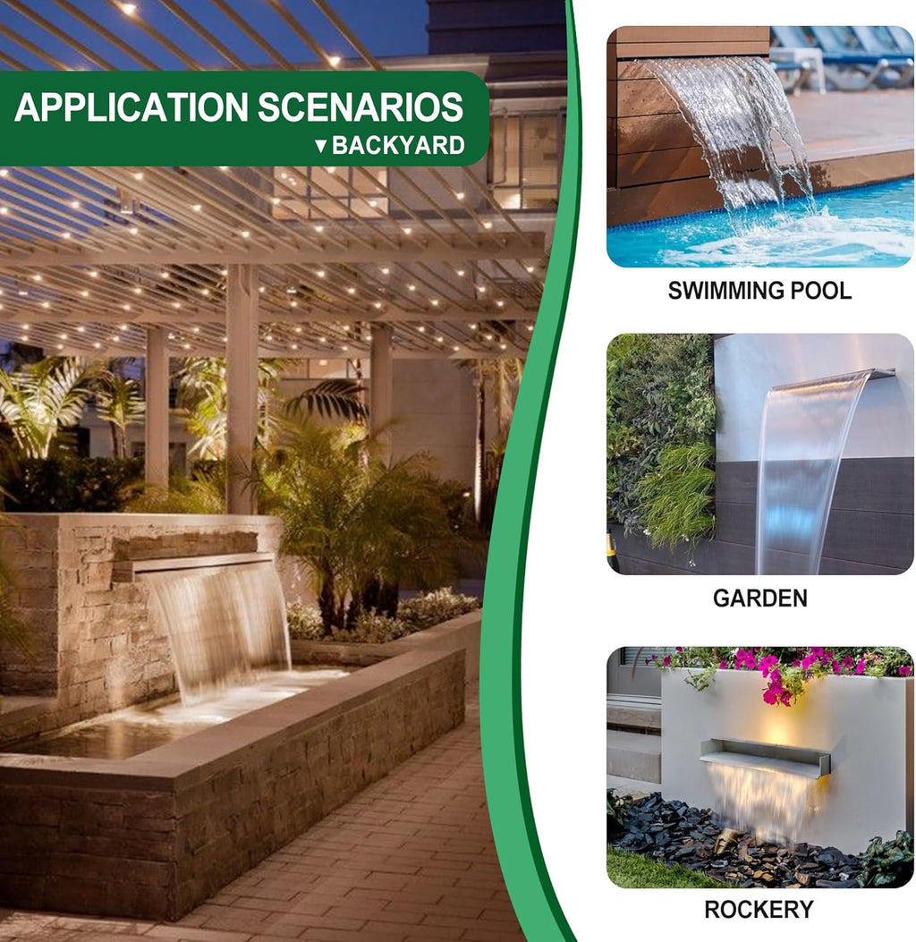 Waterfall Pool Fountain LONGRUNNEW 304 Stainless Steel 11.8" Rectangular Waterfall Spillway, Water Fall Fountain with Pipe Connector for Garden Outdoor, Swimming Pools, Fountains, Pond and Spa