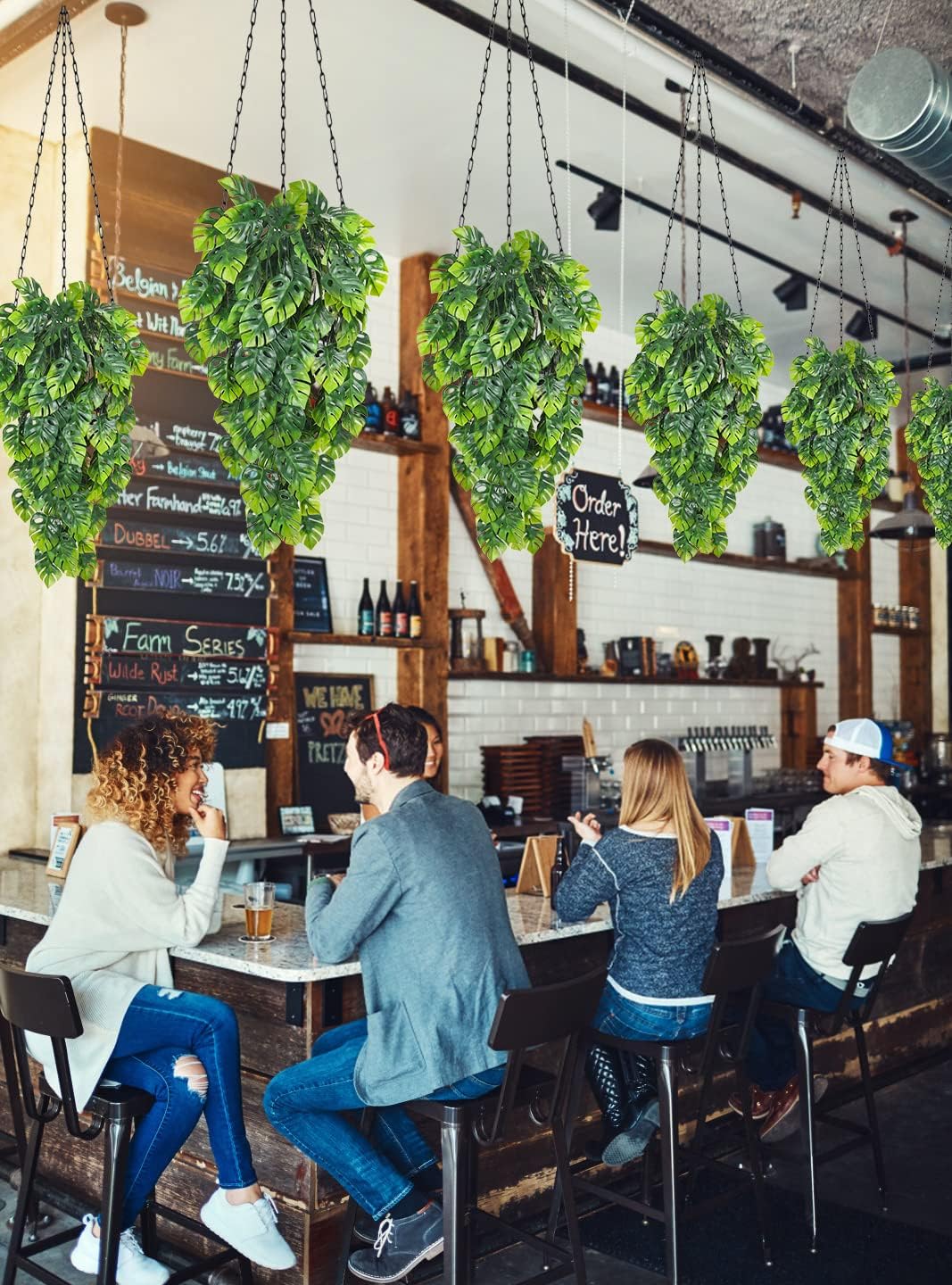 RECUTMS Artificial Hanging Plants 2 Pack, Fake Monstera Leaves Ivy Vine Faux Greenery UV Resistant Outdoor Tropical Palm Leaf Plant for Garden Home Jungle Hawaiian Luau Party Spring Summer Décor