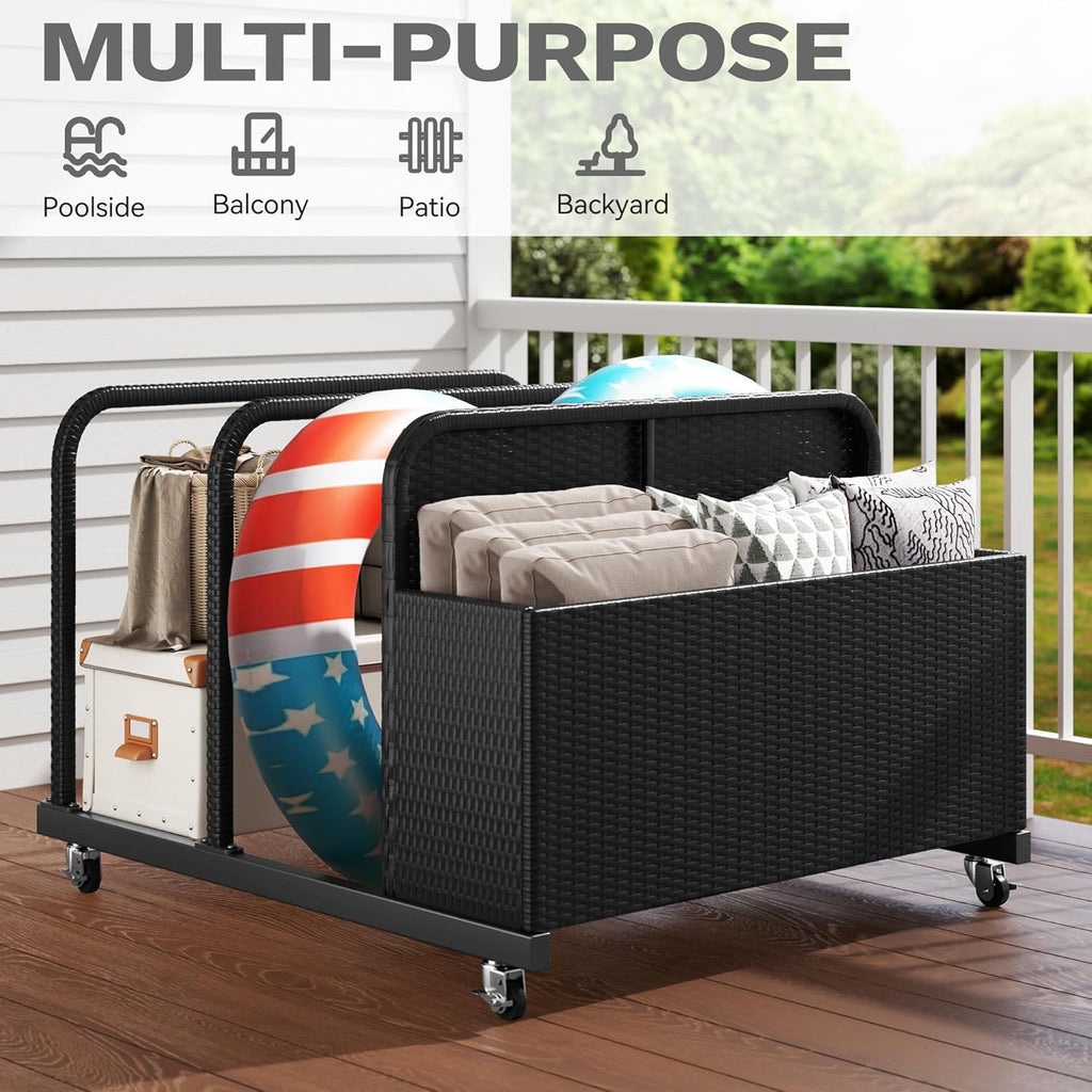 DWVO Pool Float Storage, Pool Storage Bin with PE Rattan,Pool Storage for cushions, Floaties, Noodles, Life Vests, Beach Balls, Patio Furniture (Black)