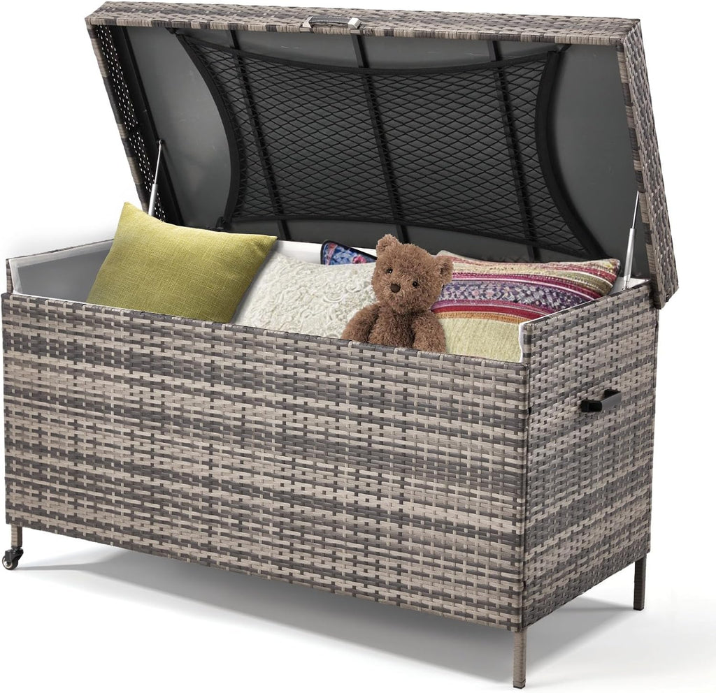 HOMREST Large Deck Box, Outdoor Wicker Storage Container with 240 Gallon, Patio Rattan Furniture for Garden Tools, Pillows, Pool, Brown