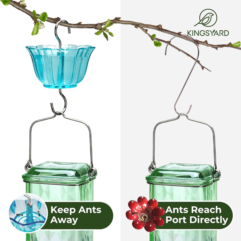 Kingsyard 2 Pack Glass Hummingbird Feeder for Outdoor Hanging, 24 Ounces, 6 Feeding Ports, Bird Nectar Feeder for Garden Décor, Ant Moat Included, Green & Blue