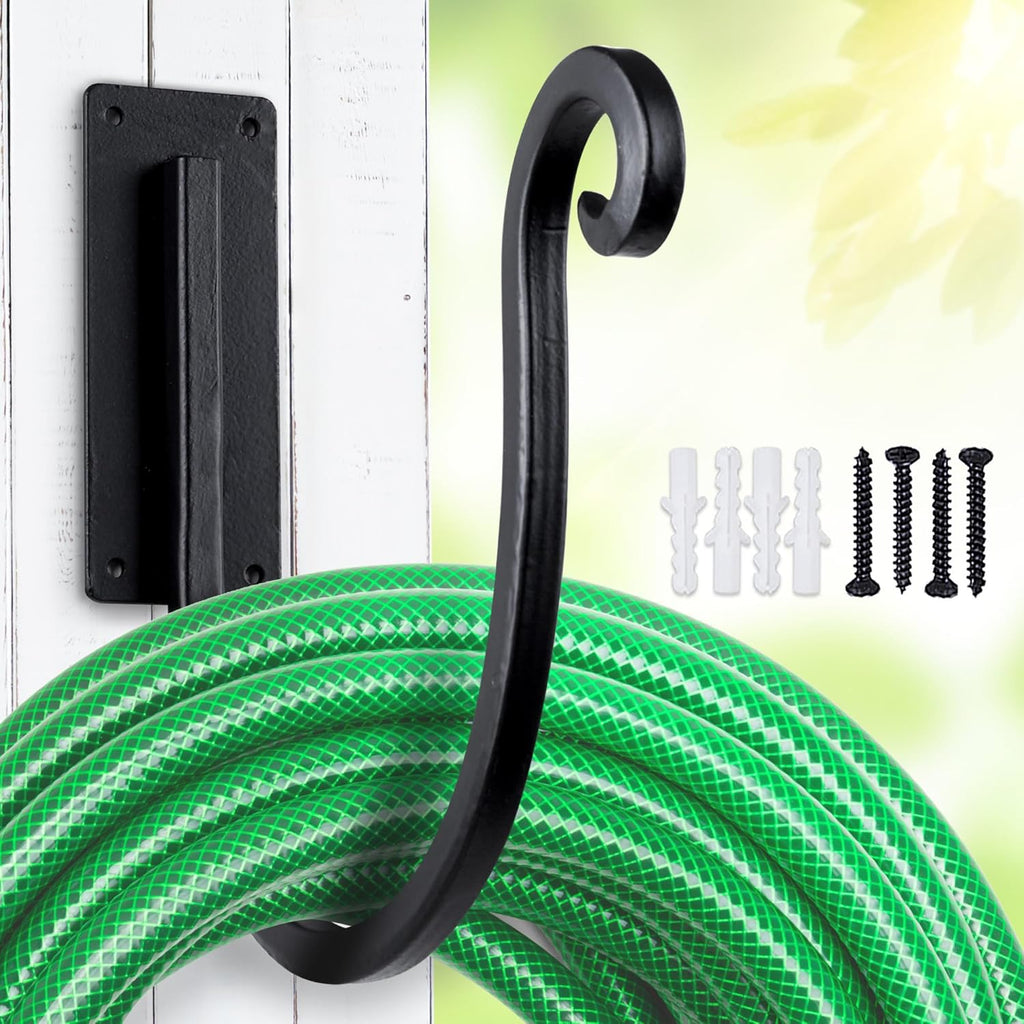 Hose Holder Wall Mount （Metal/8-Inch） Heavy-Duty Garden Hose Hanger Outdoor, Hand-Forged Hose Rack Mount
