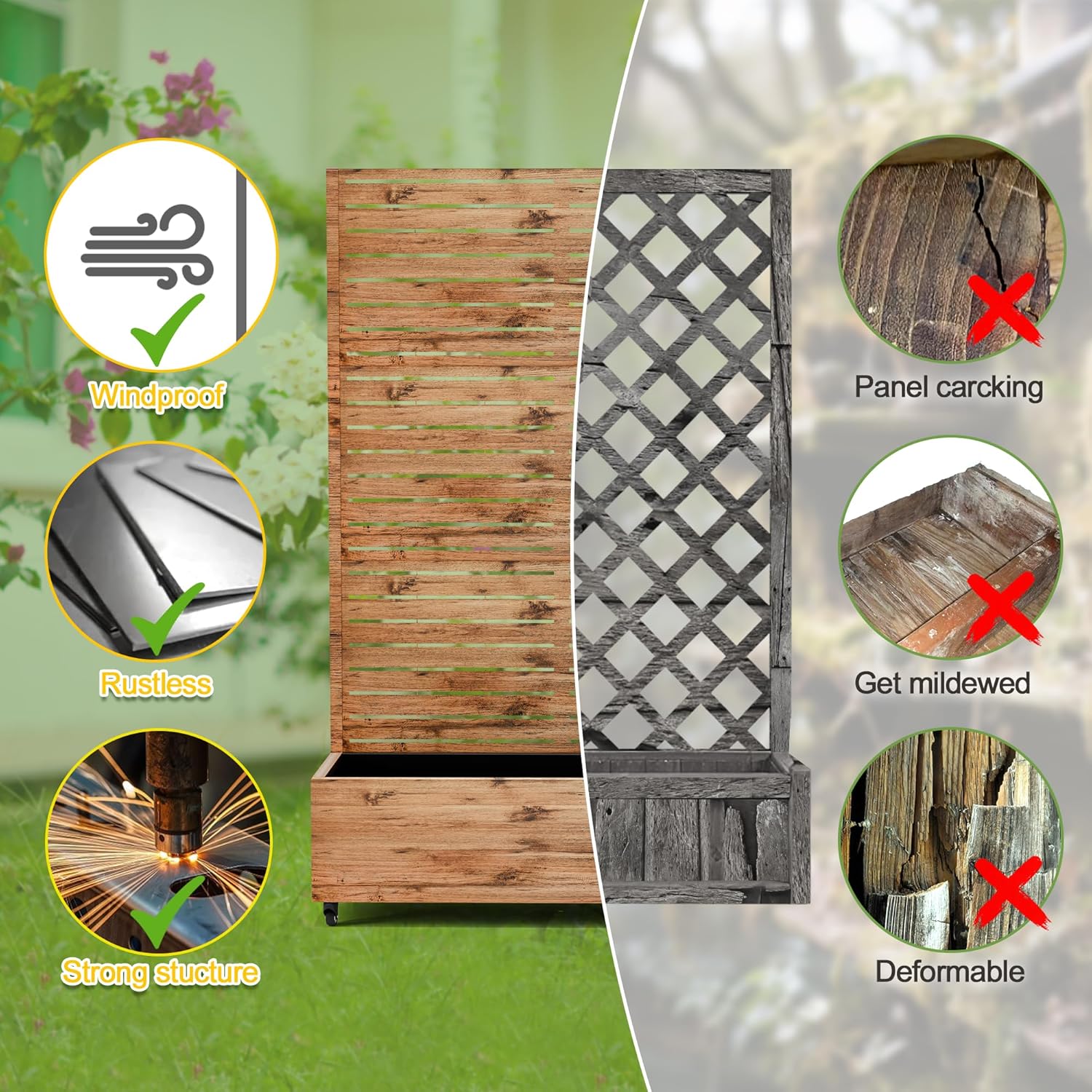 FENCY Metal Raised Garden Bed with Wheels and Trellis,73"x47"x16" Planter Box for Climbing Plants, Vegetables & Vines, Features Privacy Screen and Drainage Holes (Wood Color)