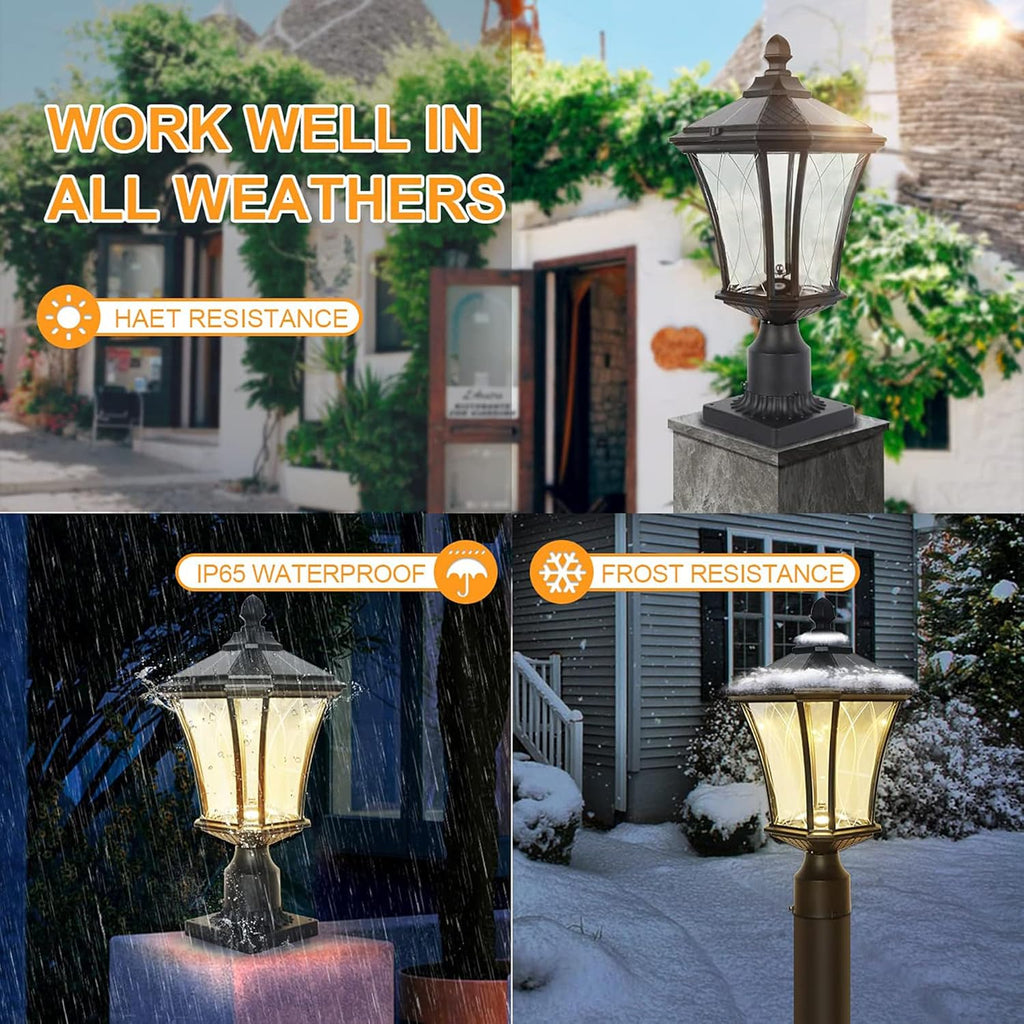 Solar Post Lights Dusk to Dawn Outdoor Solar Lamps with Pier Mount Base, Waterproof Exterior Pole Lights Head with Patterned Glass, Pillar Light for Outside House, Driveway, Black