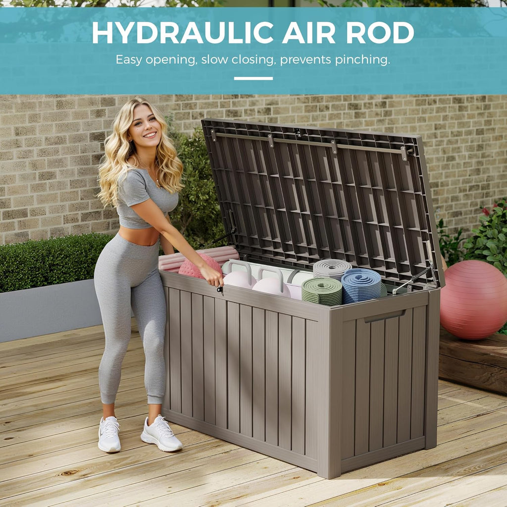 NUNU LAB 150 Gallon Outdoor Storage Box,Resin Large Sturdy Deck Box, Backyard Outside Storage Box Waterproof with Double Wall Panels,Package Delivery,Garden Outdoor Hose Bin