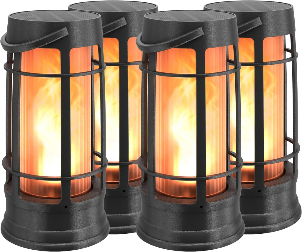 Metal Outdoor Solar Lantern, Flickering Solar Lanterns Outdoor Waterproof with Patented LED, Outdoor Lanterns for Porch, Patio, Garden, Tabletop, Hanging Use, Matte Black (4 Pack)