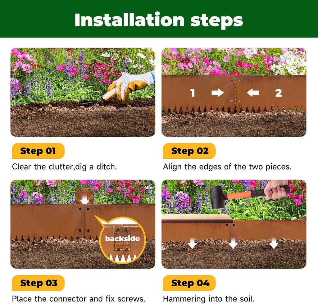 Cor Ten Steel Garden Metal Landscape Edging 40 inch with Top Bending Protection Pre-Rusted Cor Ten Steel Garden Edging 6 Pack Edge for Lawn Yard (10 inch-180 Degree Bend, Rusted)