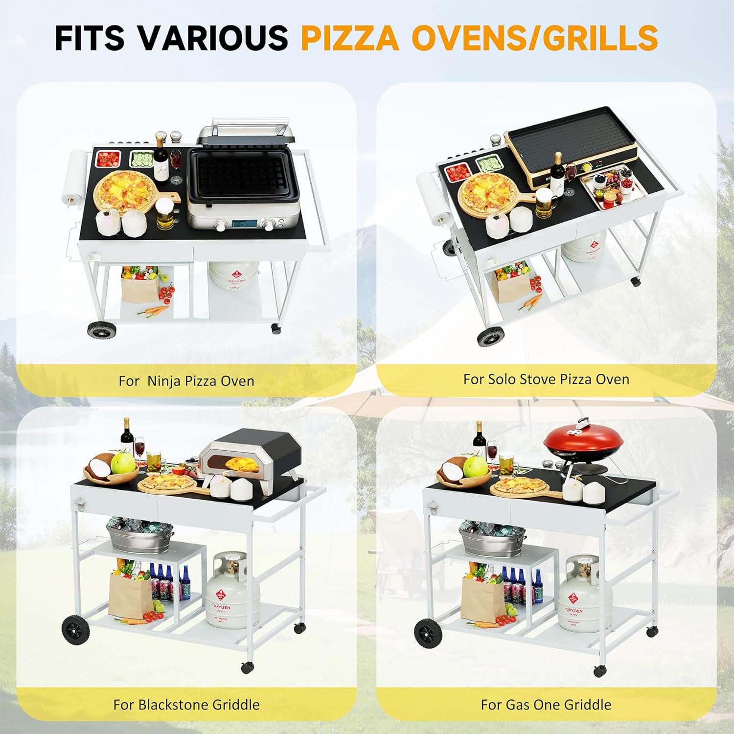 JY QAQA Outdoor Pizza Oven Stand with Condiment Shelf, Outdoor Cooking Cart, Grill Worktable for Patio, Food Prep Station Fits Ninja Woodfire Grill, Cuisinart Grill, Blackstone Griddle