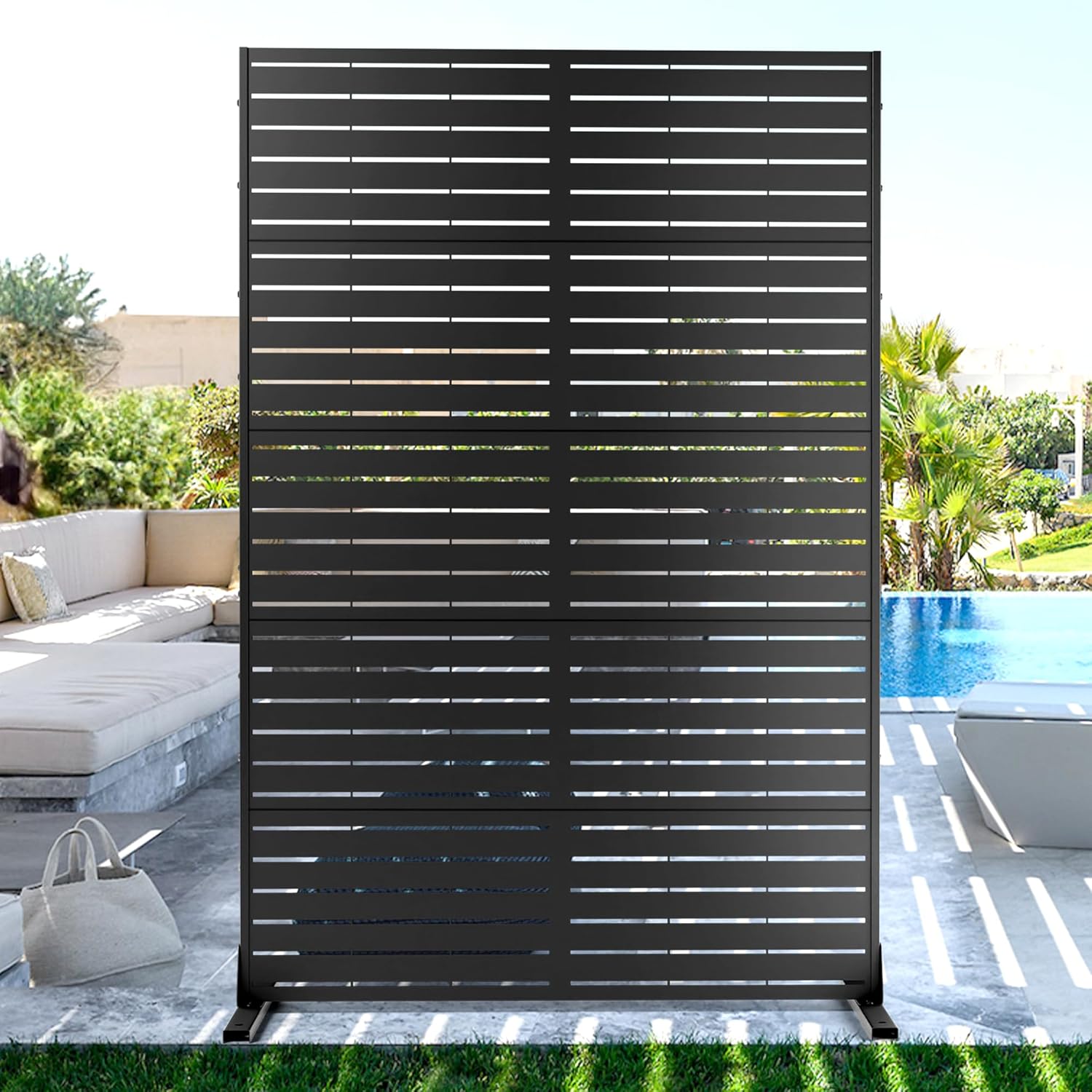 FENCY Metal Privacy Screen with Stand 72" H×44" W Outdoor Freestanding Privacy Panels, Outdoor Privacy Screen for Deck Patio Balcony(Black-Louvered)