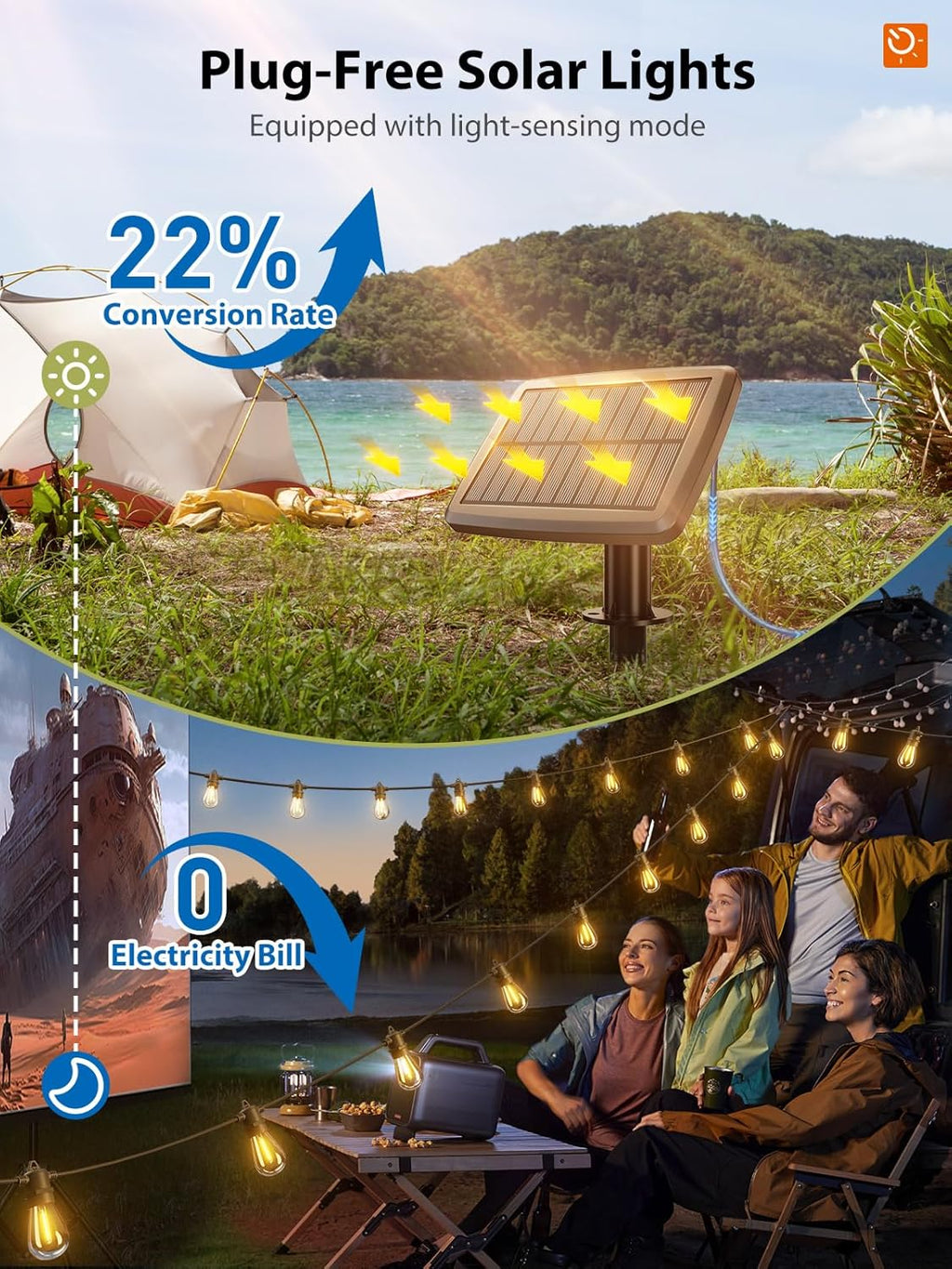 KYY 54FT Solar String Lights Outdoor Waterproof with USB Charging & Remote, Dimmable & Timable, Solar Powered Patio Lights with LED Shatterproof Bulbs for Deck Backyard Porch Garden Camping