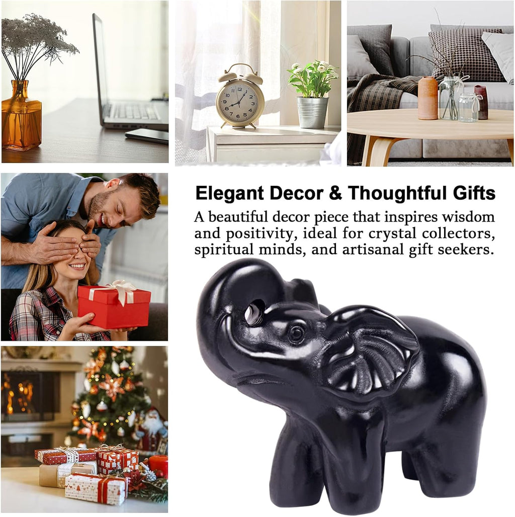 2 Inch Black Obsidian Crystal Elephant Sculpture Handcrafted Healing Stone Animal Figurine Spiritual Home Decor Lucky Charm Gift for Wealth Success Positive Energy and Meditation Lovers
