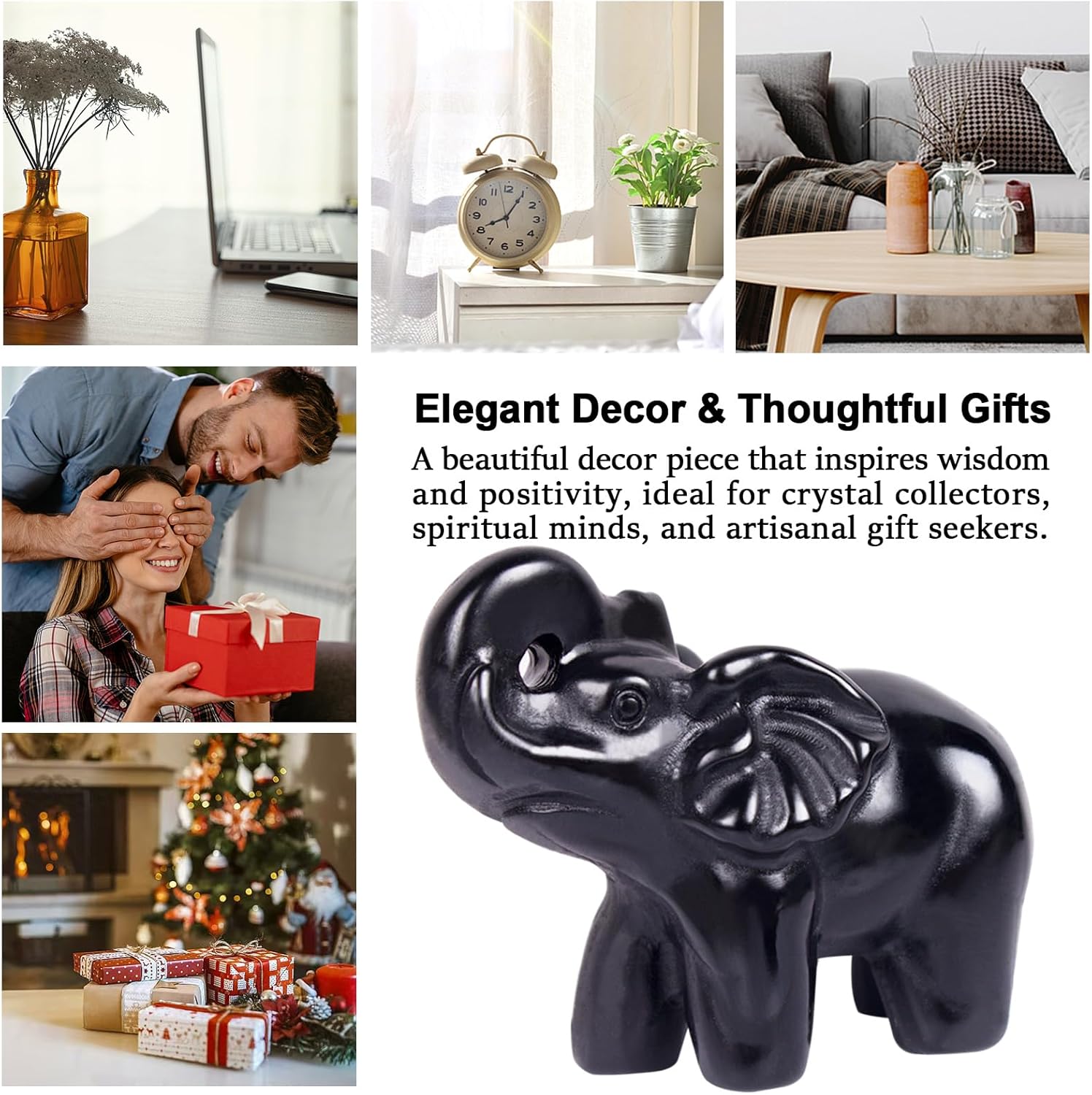 2 Inch Black Obsidian Crystal Elephant Sculpture Handcrafted Healing Stone Animal Figurine Spiritual Home Decor Lucky Charm Gift for Wealth Success Positive Energy and Meditation Lovers