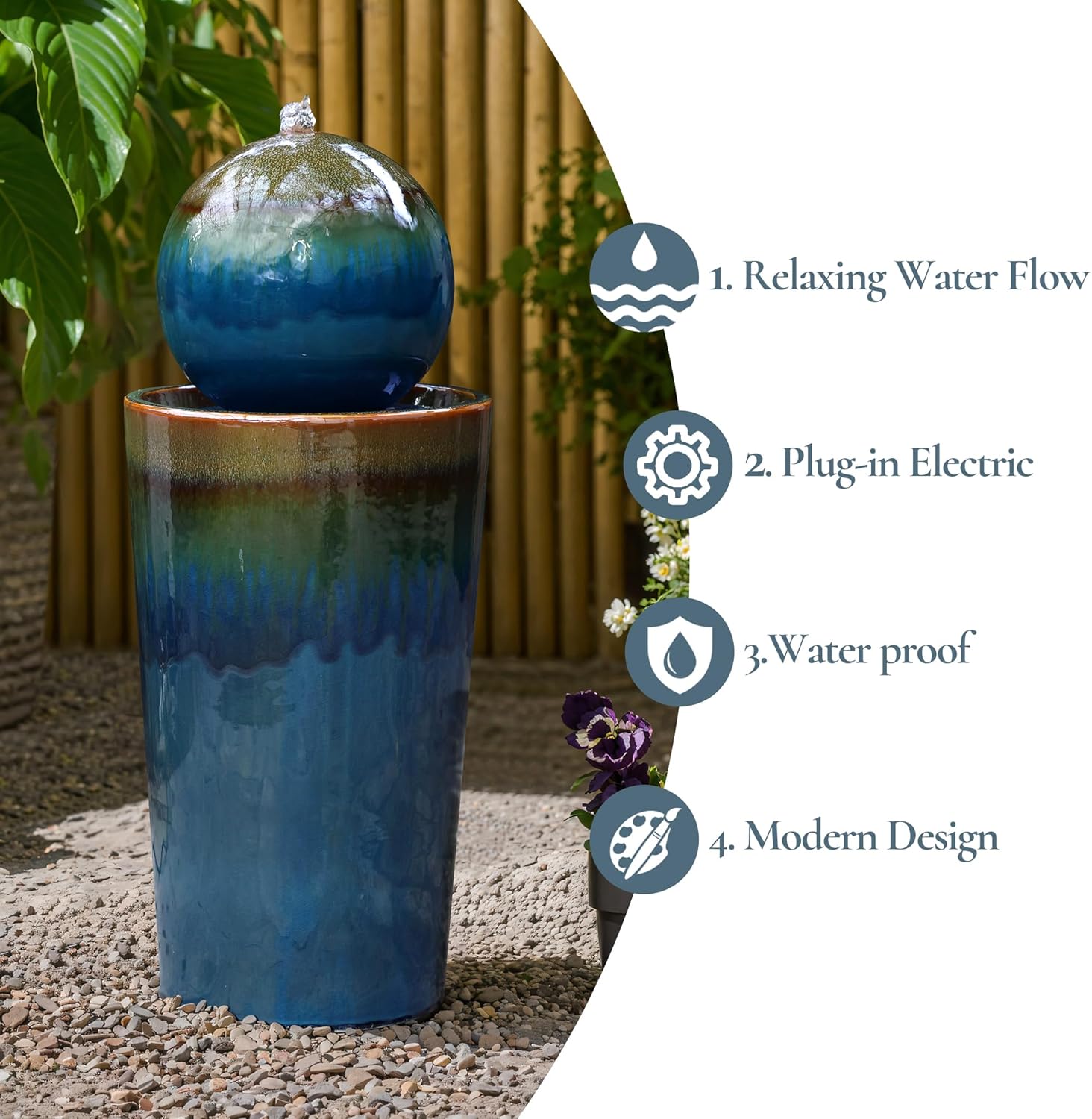 LuxenHome 30" Water Fountain Outdoor and Indoor, Glazed Blue Bubbling Sphere Ceramic Garden Outdoor Water Fountain, Elegant Modern Waterfall Garden Decor for Patio, Lawn, and Backyard
