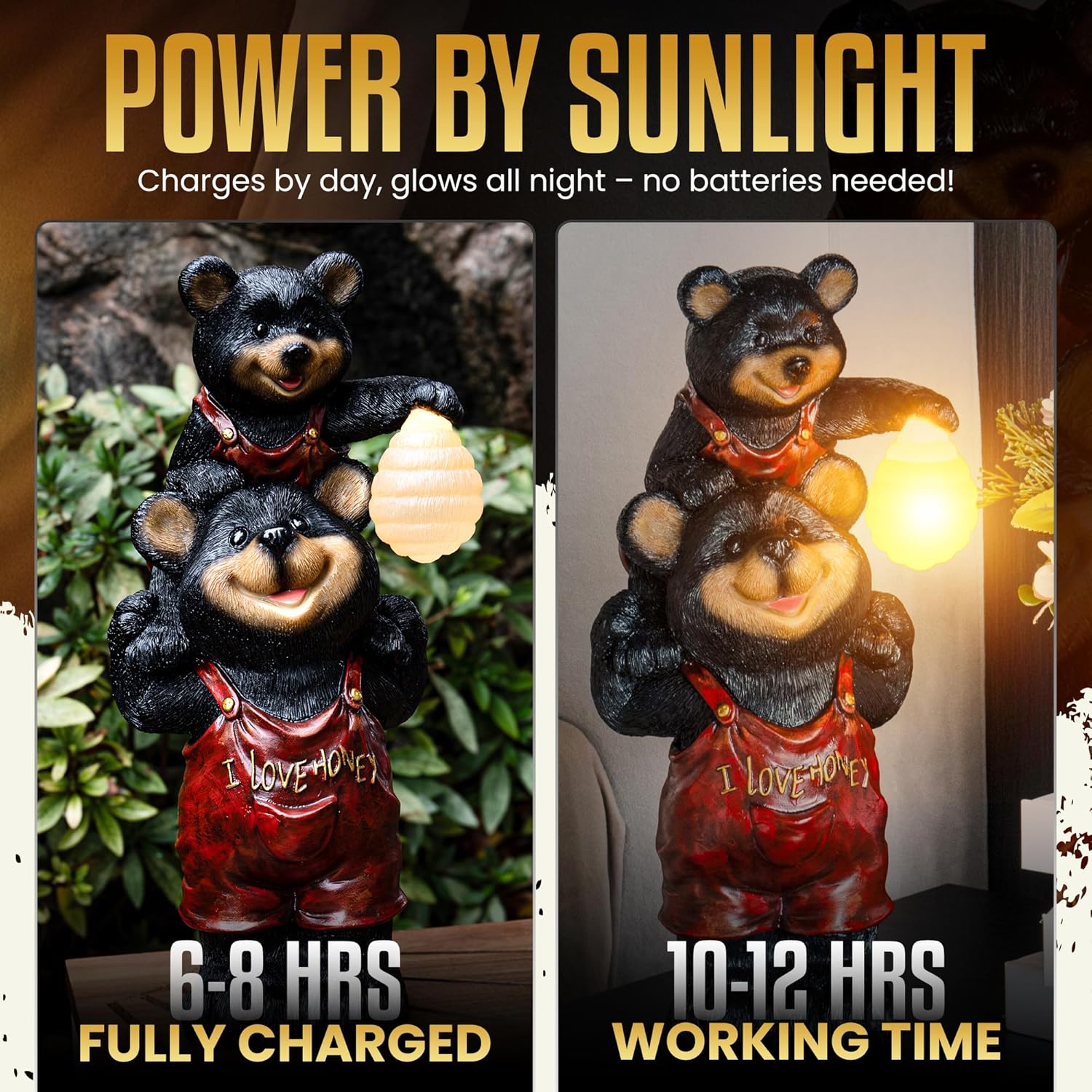 Black Bear Beehive Solar Light Figurine - Outdoor Waterproof Garden Statue - Animal Decor Light - Mother & Baby Bear for Outside - Patio, Yard, and Lawn