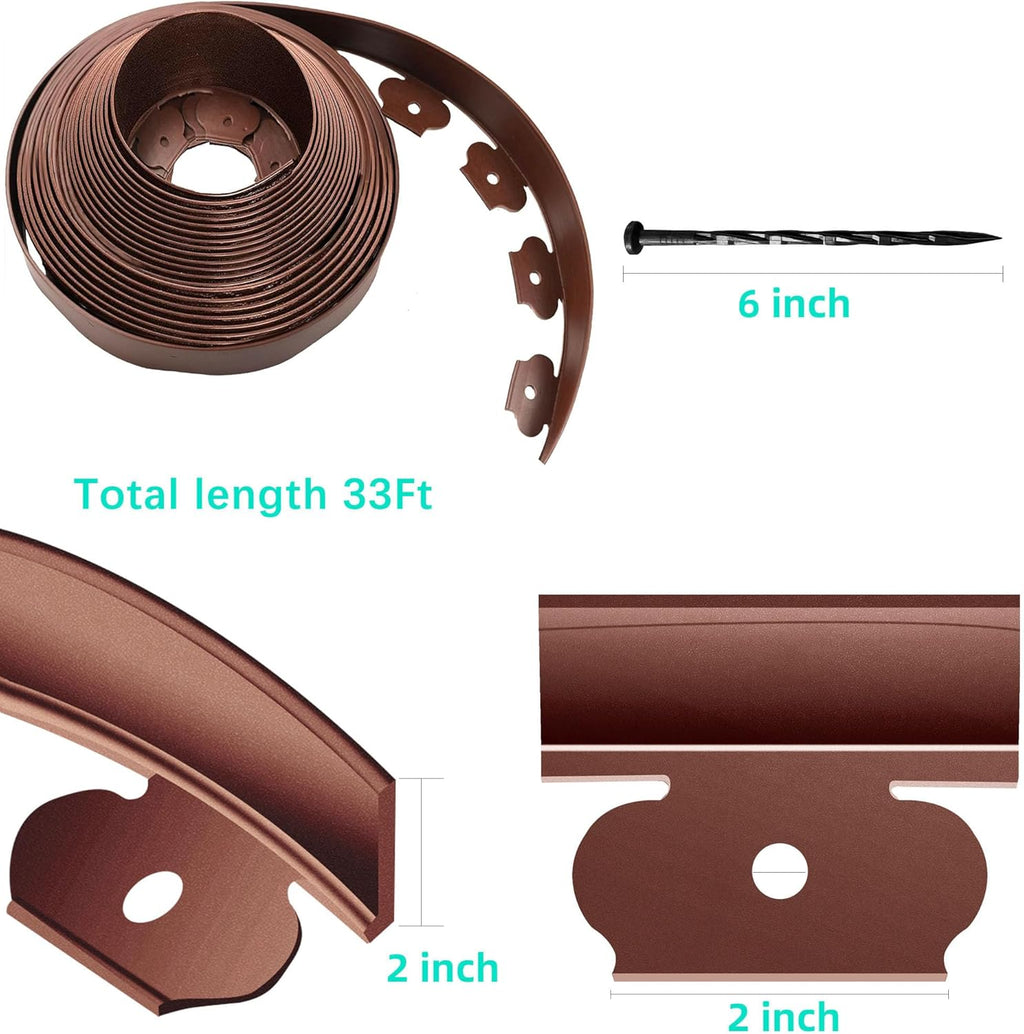 Landscape Edging Coil 66 FT, 2 Inch Tall Garden Edging Border Flexible Lawn Edging Kit with 60 Spikes, Plastic Edging for Landscaping Flower Beds Yard Pathway Paver Edging (2IN x 66FT, Brown)