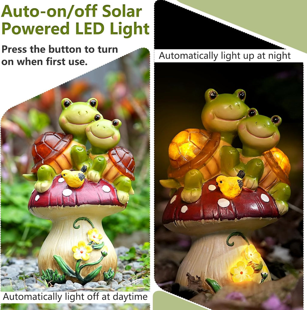 Solar Light Turtle Garden Statue, Turtle on Mushroom Figurine, Lovely Tortoise Garden Statue with 5 LED Lights for Patio, Balcony, Yard, Housewarming, Lawn Ornament, Outdoor Lawn Decor