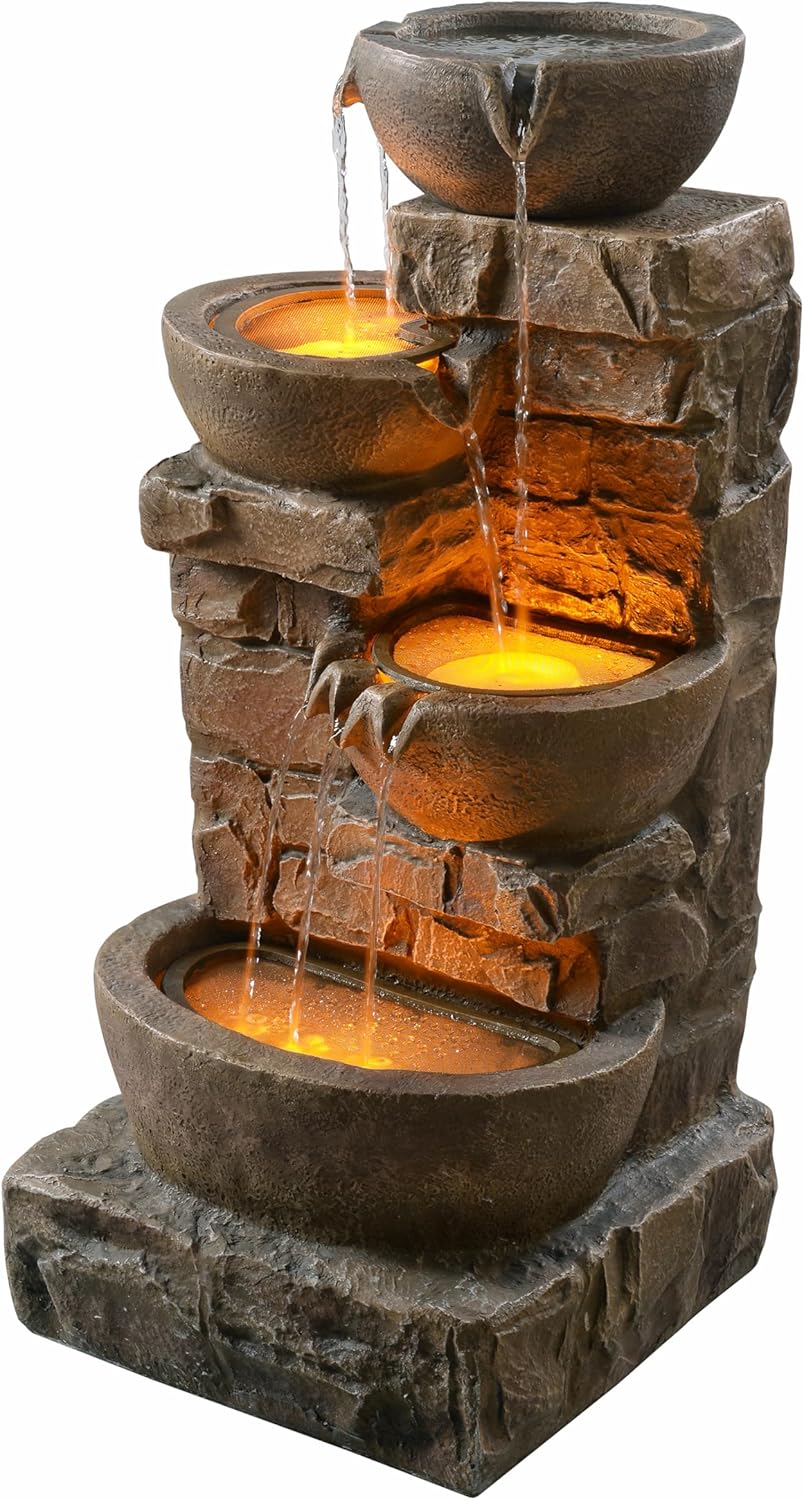 Teamson Home 33.27" Outdoor Freestanding Water Fountain with LED Lights, Cascading Bowls & Stacked Stones, Floor Fountain for Patio, Garden, Balcony, Lawn, Yard Decor, Brown Polyresin
