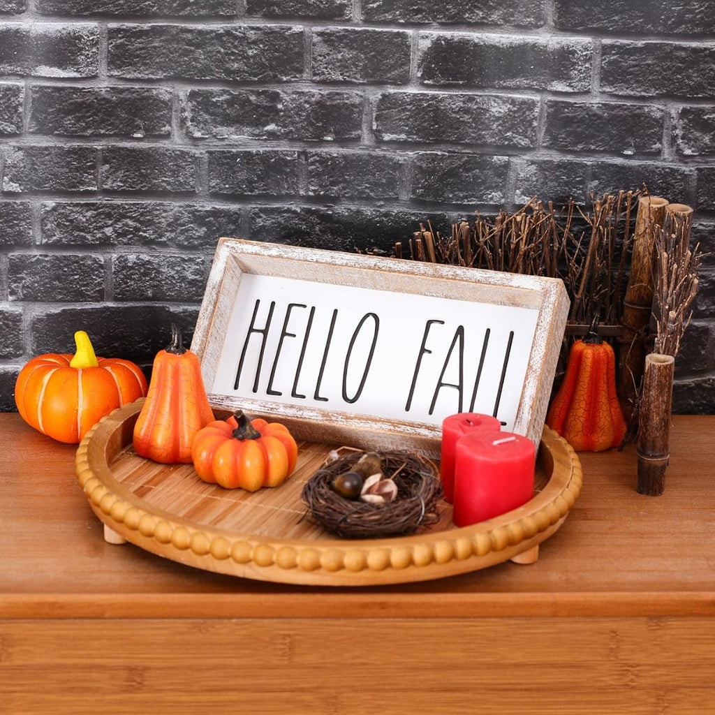 Fall Decor, Hello Fall Block Sign for Shelf, Mantel, Table, Rustic Thanksgiving Decoration, Autumn Tiered Tray Decor, Embossed Metal With Wood Frame Black