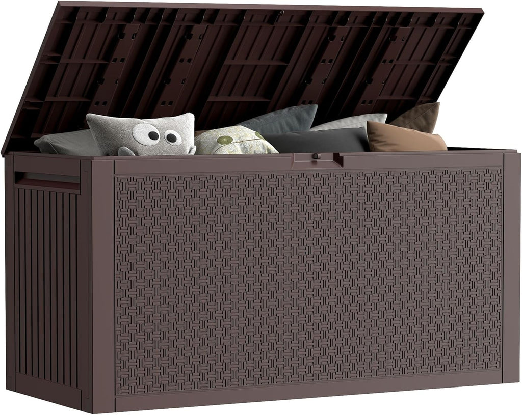 90 Gallon Outdoor Storage Box, Lockable Package Outside Storage Box Waterproof, Patio Cushions Deck Storage Boxes, Rattan Plastic Garden Hose Containers Resin Pool Storage Bins with lids, Brown