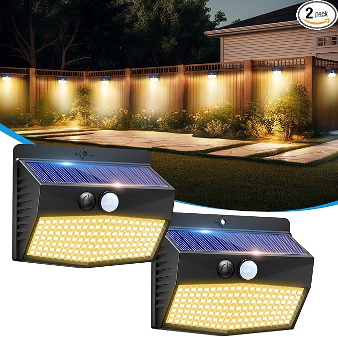 Solar Motion Sensor Outdoor Lights [138 LED/2 Packs] Solar Security Lights Outdoor with 3 Lighting Modes Solar Powered Lights Waterproof for Outside Wall Garden Fence Backyard Deck, Warm White