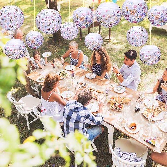 Riakrum 12 Pcs Wildflower Paper Lantern Set Floral Party Decorations Flower Paper Round Lanterns Wildflower Lantern Kit for Spring Baby Shower Bridal Shower Wedding Birthday Tea Party Supplies