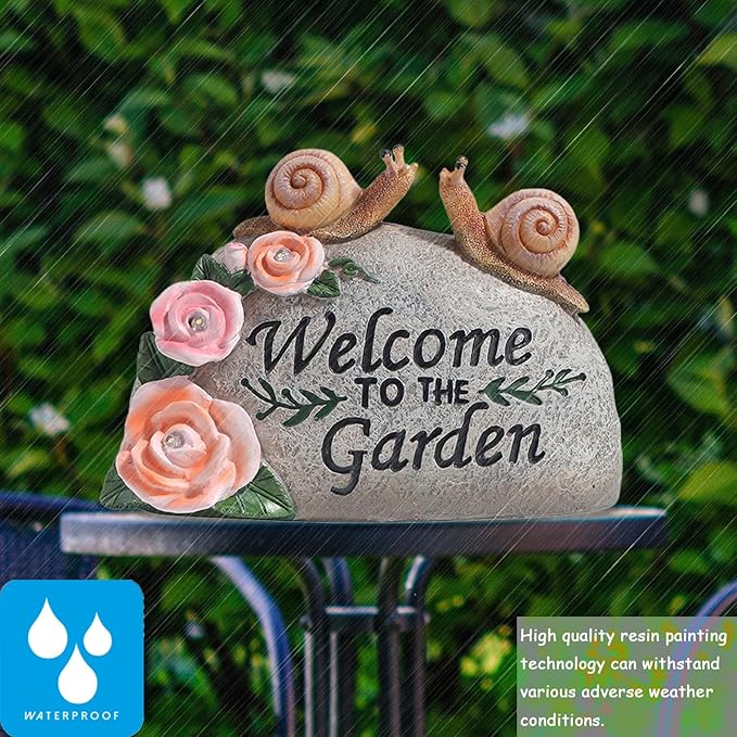Snail Garden Statue Outdoor Decor Art Solar LED Light Welcome Sign Sculpture Auspicious Snail Resin Figurine Yard Porch Patio Lawn Decorations Housewarming Gifts for Mom Grandma Women