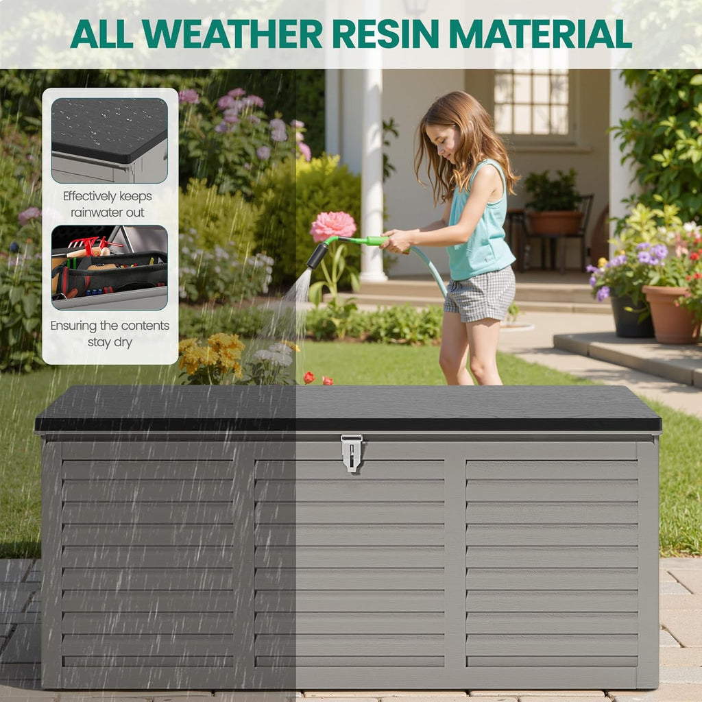 130 Gallon Outdoor Deck Box, Waterproof Resin Box with Lockable Lid, UV-Resistant for Cushions, Garden Tools & Pool Accessories (GRAY), Patio Furniture