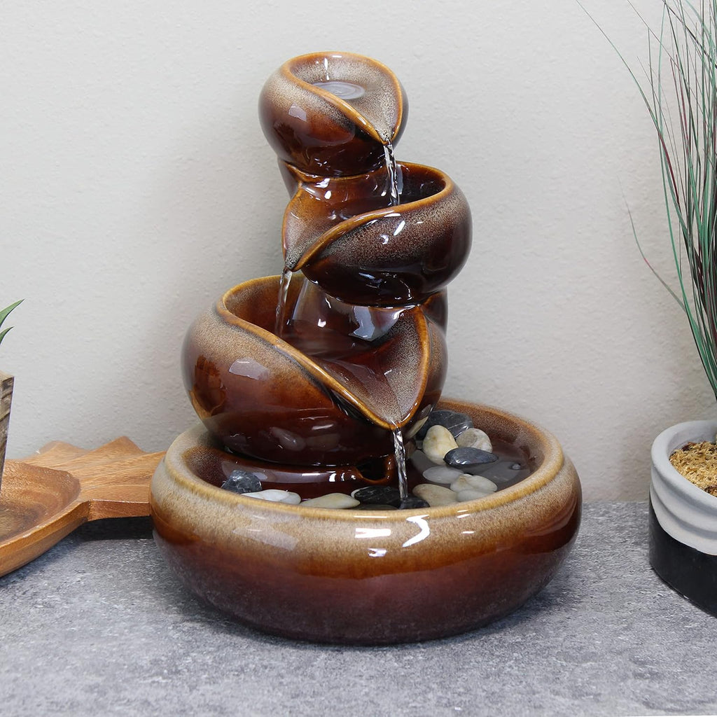 Sunnydaze Tiered Vessels Ceramic Tabletop Water Fountain - Relaxing Indoor Fountain for Office, Bedroom, or Living Room - Brown