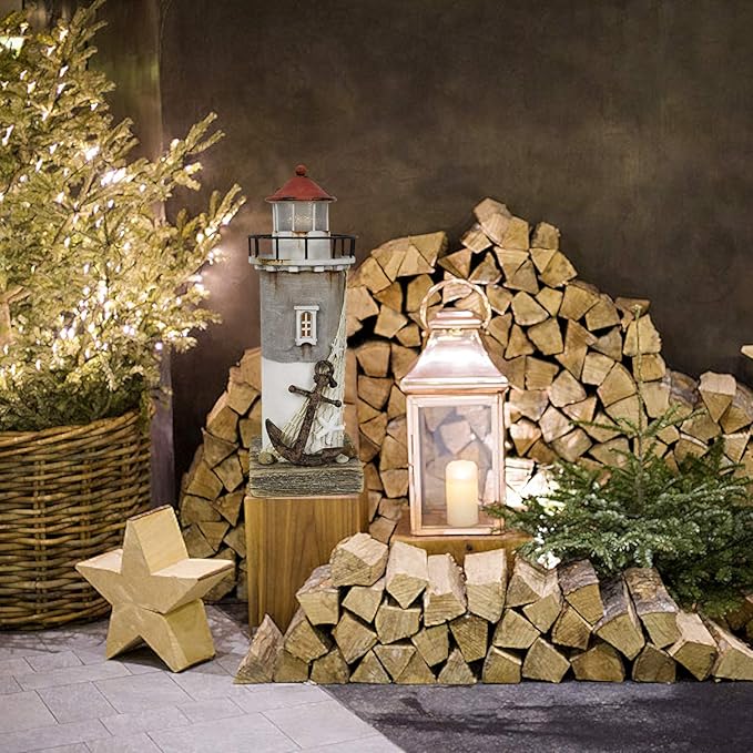 Wooden Lighthouse With Light - Rustic Nautical Ocean Sea Beach Themed Decoration, Handcrafted Tabletop Home and Bathroom Decor (11.4"H)