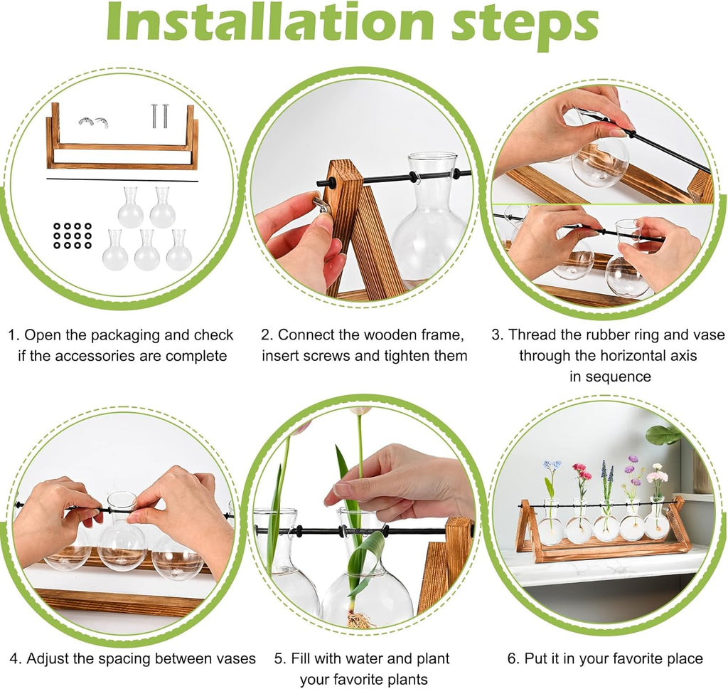 Retro Wood Stand Plant Terrarium with 5 Air Planter Bulb Glass Vases, Perfect for Home, Office, or Wedding Decor. Great Desktop Propagation Station and Plant Lover Gift for Women (5 Bulb Vase)
