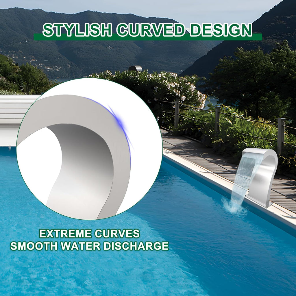 Pool Waterfall Fountain Stainless Steel Fountain 22.60'' x 10.55'' x 14.57'' Silver Pool Fountains for Ground Pools Garden Outdoor Waterfalls Sheer Descent Pond Water Feature