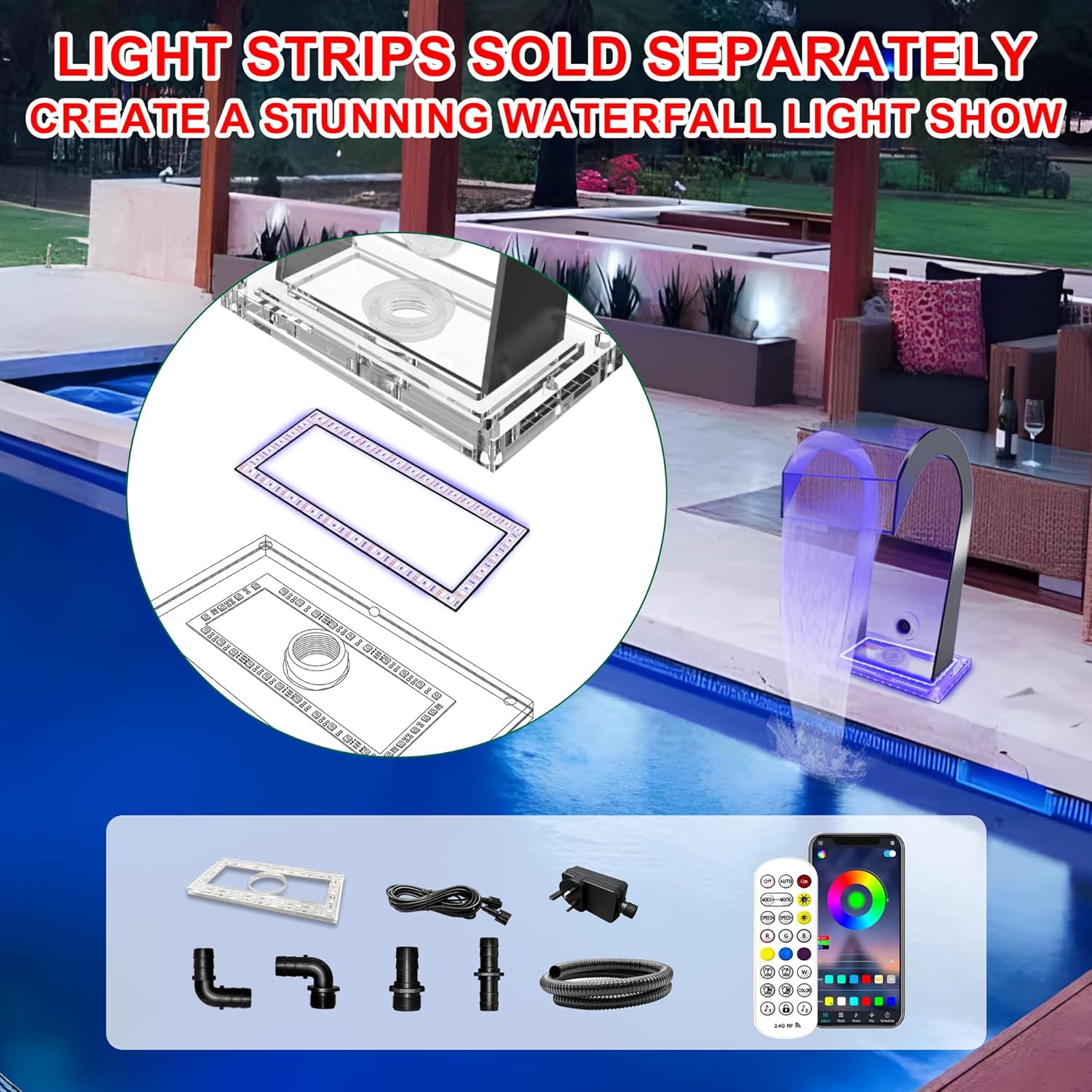 S-Shape Waterfall Spillway Ground Pool Fountain, LONGRUNNEW Transparent Acrylic Outdoor Water Feature 14.09" x 9.57" x 10.04" for Garden Decor, Landscape Accents & Patio Pond Water Feature-Small