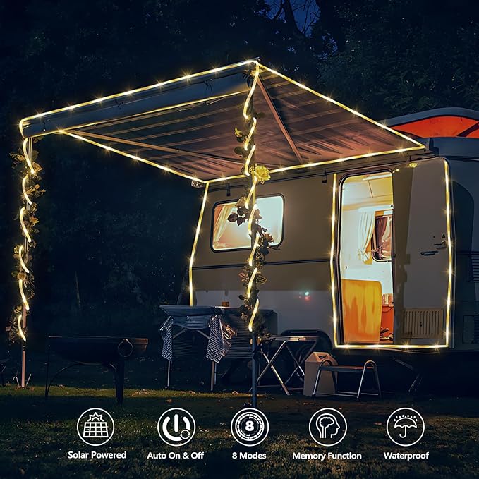 Solar Rope Lights, 66ft 200LED String, 8 Modes Waterproof Powered Outdoor, Flexible Clear Tube for Garden, Backyard, Patio, Deck, Porch, Pool, Tree Decor - Warm White