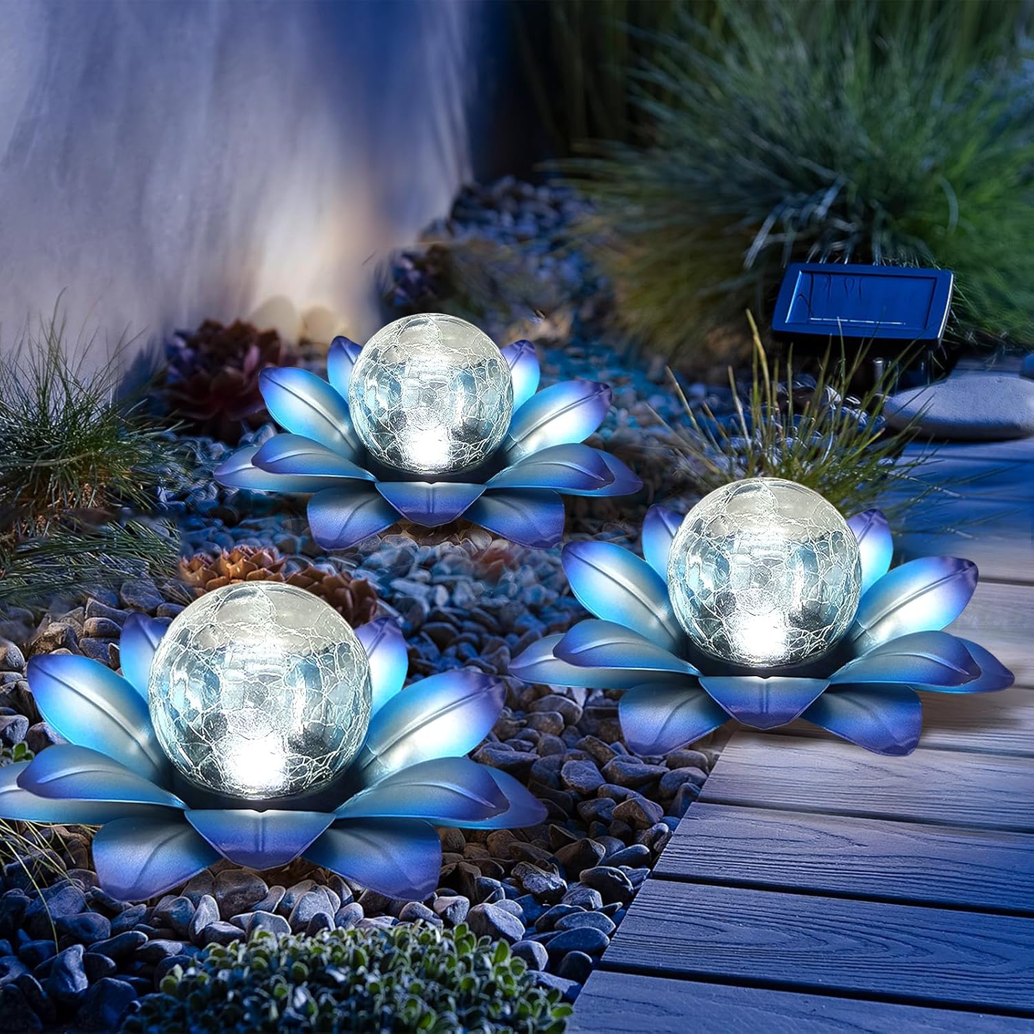 LEWIS&WAYNE Solar Garden Lights Outdoor, 3 Pcs Blue Lotus Flower Pathway Lamps with Cool White Crackle Glass Globe Led Lights for Patio Pathway Yard Balcony Garden Decorations
