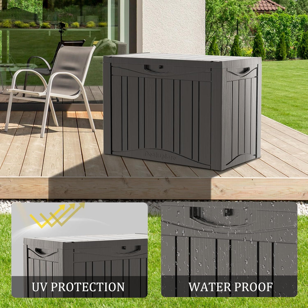 50GAL Brown Deck Box with Special Pattern & Lock Hole – Waterproof, SGS - Approved UV Resistance, Stylish Storage for Outdoor Cushions & Decor, Effortless Assembly